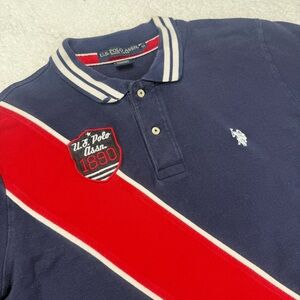 U.S. Assn Polo Shirt Stripe Pique Polo #3 Blue Red Medium Preppy Classic